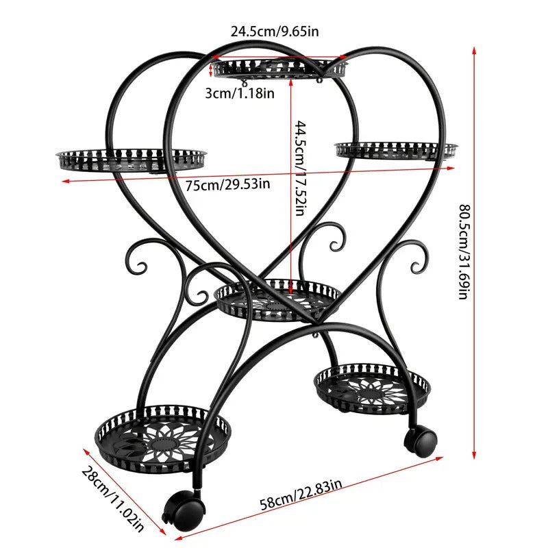 [Metal Plant Stand] 6 Potted Heart-shaped Metal Plant Stand On Wheels - Garden Cart - Flower Pots Organizer Rack - For Patio, Porches, Balcony Planters Furniture - For Home - Free Shipping, Box, Cabinet, Rack for Outdoor Storage