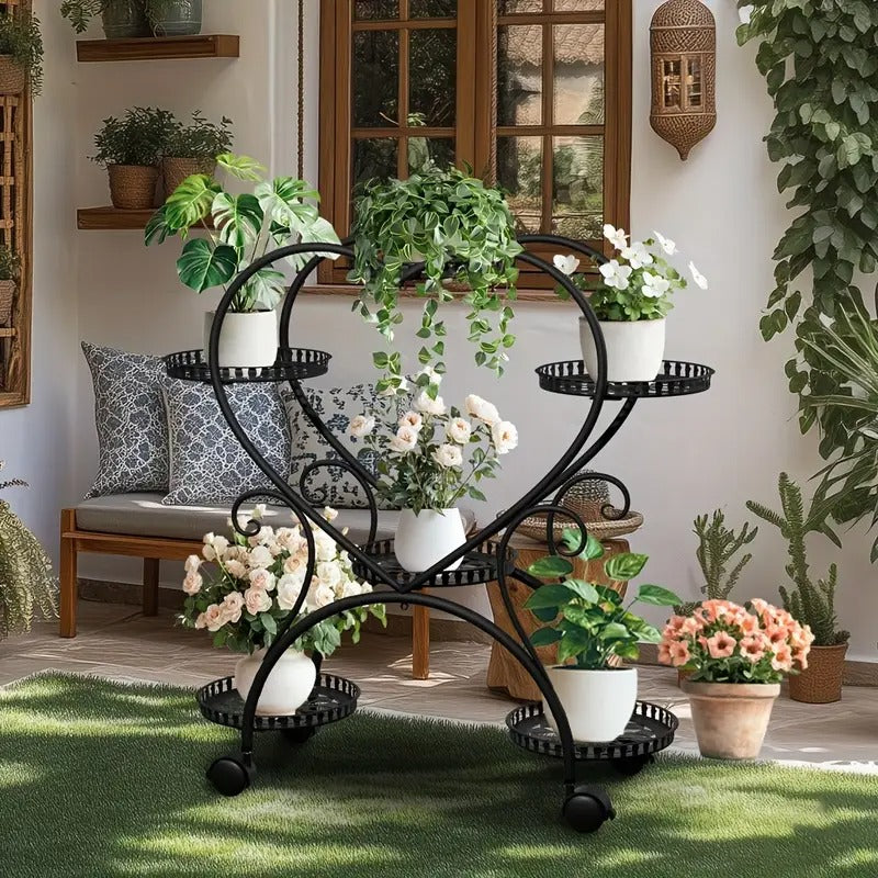 [Metal Plant Stand] 6 Potted Heart-shaped Metal Plant Stand On Wheels - Garden Cart - Flower Pots Organizer Rack - For Patio, Porches, Balcony Planters Furniture - For Home - Free Shipping, Box, Cabinet, Rack for Outdoor Storage