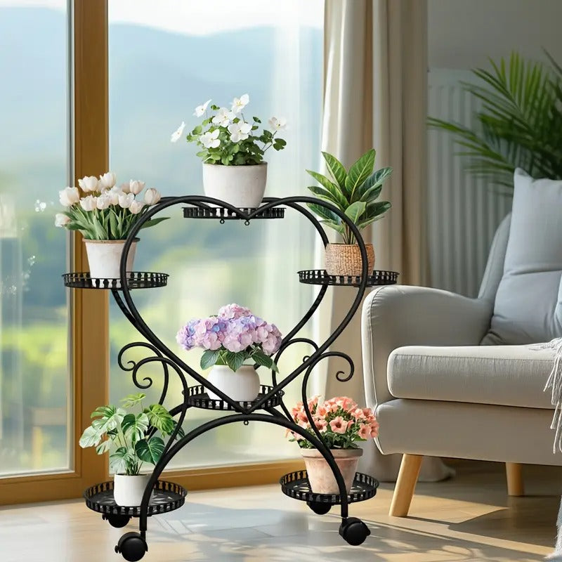 [Metal Plant Stand] 6 Potted Heart-shaped Metal Plant Stand On Wheels - Garden Cart - Flower Pots Organizer Rack - For Patio, Porches, Balcony Planters Furniture - For Home - Free Shipping, Box, Cabinet, Rack for Outdoor Storage