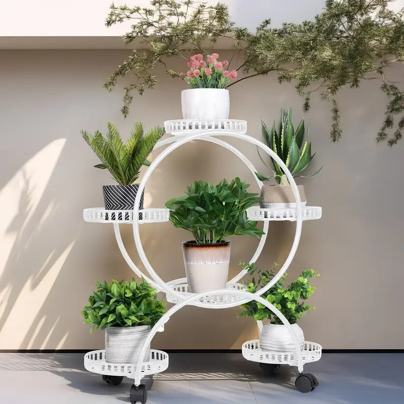 [Metal Plant Stand] 6 Potted Heart-shaped Metal Plant Stand On Wheels - Garden Cart - Flower Pots Organizer Rack - For Patio, Porches, Balcony Planters Furniture - For Home - Free Shipping, Box, Cabinet, Rack for Outdoor Storage