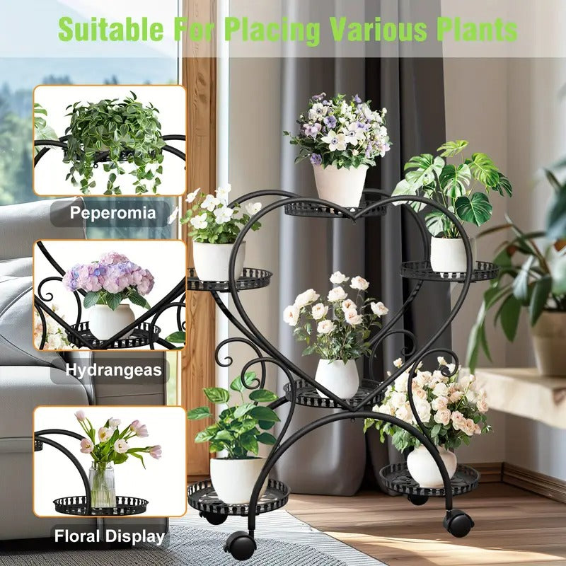 [Metal Plant Stand] 6 Potted Heart-shaped Metal Plant Stand On Wheels - Garden Cart - Flower Pots Organizer Rack - For Patio, Porches, Balcony Planters Furniture - For Home - Free Shipping, Box, Cabinet, Rack for Outdoor Storage